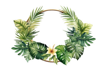 Canvas Print - Watercolor tropical wreath with green and gold monstera, banana and palm leaves. Flat vector illustration isolated on white background