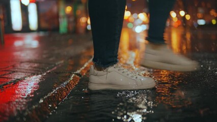 Wall Mural - close-up of a woman's feet stepping into a muddy puddle and making a splash