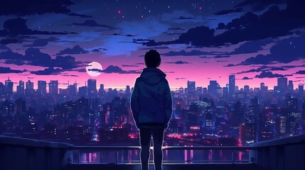 Anime cityscape at night: A moody 4K wallpaper of a cute boy embracing the urban night, person in the night, Generative AI