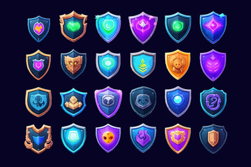Quiz game shield icon cartoon vector element set. Flat vector illustration isolated on white background