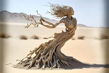 Sculpture Wooden Roots Dancing Woman Dissolving In Sand 