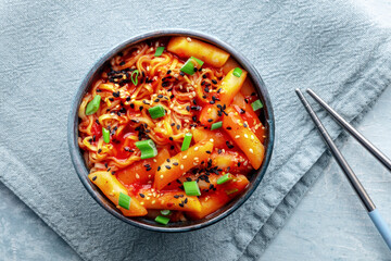 Rabokki, tteokbokki or topokki with ramen, Korean street food, spicy rice cakes in red pepper gochujang sauce, overhead flat lay shot