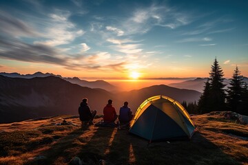 group of friends camping at campsite with tent watching sunrise in mountains,generative ai