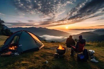 group of friends camping at campsite with tent watching sunrise in mountains,generative ai