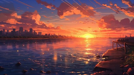 Wall Mural - Captivating evening sunset view in anime wallpaper background - peaceful & romantic anime art - digital illustration painting - sunset over the lake, Generative AI