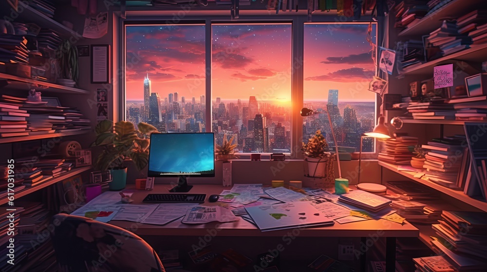 Colorful Lofi Empty Interior: Anime Manga Style with Jungle View, Cozy ...