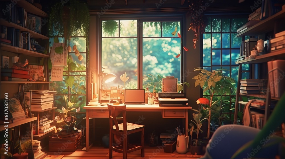 Anime Lofi interior: Cozy study desk with a forest view, Hip-Hop lights ...