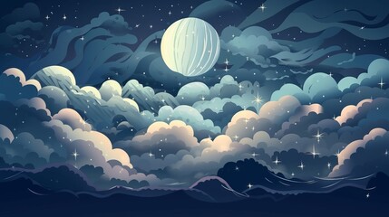 Wall Mural - dreamy nocturnal ambiance: vector moonlit clouds background, wallpaper, generative ai
