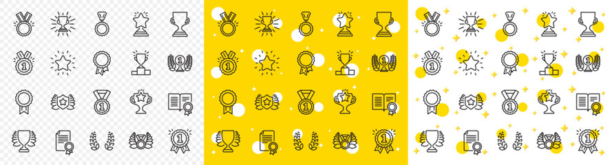 Poster - set of winner medal, victory cup and laurel wreath award icons. award line icons. reward, certificat