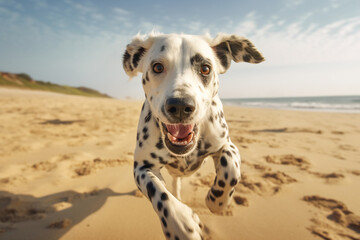 Active healthy Dalmatian dog running with open mouth sticking out tongue on the sand on the background of beach in bright day