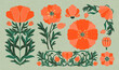 Floral poppy plant in art nouveau 1920-1930. Hand drawn in a linear style with weaves of lines, leaves and flowers.
