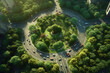 Areal drone view of a suburban roundabout in summer