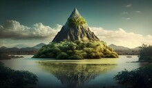 Mountain In The Center Of A Triangular Island With Thick Vegetation Located Between The Banks Of A Large River Like The Amazon Amazon Jungle Background Detailed Image 