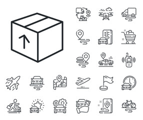 Poster - Logistics shipping sign. Plane, supply chain and place location outline icons. Delivery box line icon. Parcels tracking symbol. Package line sign. Taxi transport, rent a bike icon. Travel map. Vector