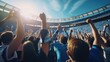 football Fans showhands celebration on big stadium during football game with blue sky, AI generative