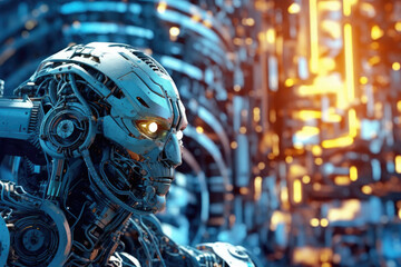 Poster - Futuristic robot with piercing glowing eyes on the background of a fantastic city of the future.Artificial intelligence concept.Generative AI.