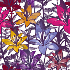 Seamless pattern with lily flowers and  leaves background. Colorful  exotic tropical garden for holiday invitation, greeting card and textile fashion design.