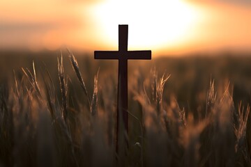 black cross symbol in grass over sunset sky