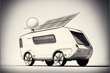 a simple design sketch for a solar powered road trip vehicle on white background 