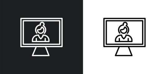 Poster - distance teacher line icon in white and black colors. distance teacher flat vector icon from distanc