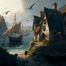 Medieval Village Dungeons Dragons Seagulls Sea Fishing Boats 