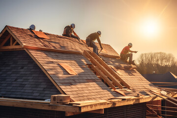 A construction team installing roofing materials on a new residential structure ai generated art