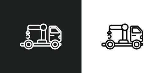 Poster - truck with crane line icon in white and black colors. truck with crane flat vector icon from truck w