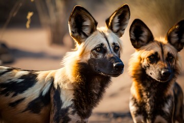 Poster - pack of wild dogs in nature at sunset. Generated by AI