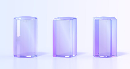Poster - Glass rainbow pedestals or crystal podium 3d render icons set. Abstract geometric empty museum stages with hologram gradient texture, exhibit displays, stands for product presentation. 3D illustration
