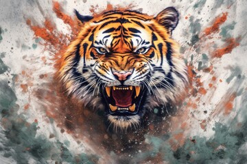 tiger  form and spirit through an abstract lens. dynamic and expressive tiger print by using bold brushstrokes, splatters, and drips of paint.  tiger raw power and untamed energy