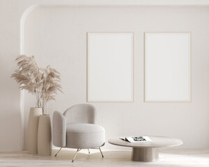 Poster - A minimalist interior featuring a soft chair, a round table, and decorative plants against a neutral backdrop with empty frames., 3d render