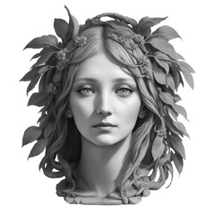 Face statue of Daphne in Greek mythology on transparent background. Generative AI	