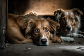 Poster - two dogs lie on the floor. generated by AI.