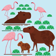 Wall Mural - vector illustration of capybaras and flamingos