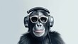 bonobo ape in headphones on white background, Generative AI