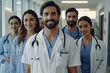 © mariof - Illustration Portrait of a group of smiling doctors standing in a hospital corridor. ai generative