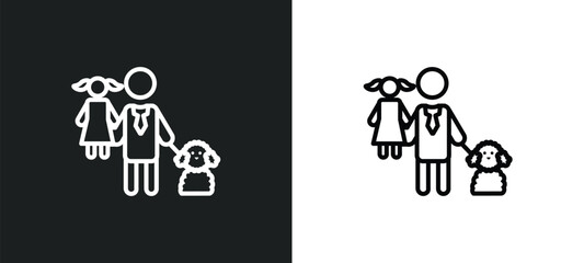 Poster - man girl and dog line icon in white and black colors. man girl and dog flat vector icon from man girl dog collection for web, mobile apps ui.