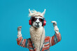 © gankevstock - llama in headphones on blue background, Generative AI