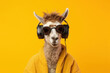 llama in headphones on yellow background, Generative AI