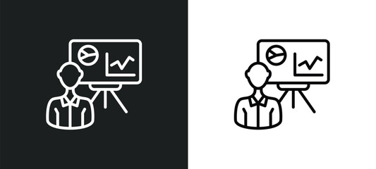 Poster - person explaining data line icon in white and black colors. person explaining data flat vector icon from person explaining data collection for web, mobile apps and ui.