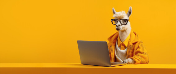 llama with laptop on yellow background, Generative AI
