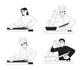Poster - Chefs cooking monochromatic flat vector characters. Editable thin line half body of male and female on white. Food preparation. Simple bw cartoon spot images pack for web graphic design