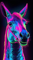 Neon light Donkey animal on black background. Portrait of glow light animal. Generative AI