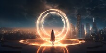 A Full Length Woman Standing In Front Of Perfect Light Circle In The City At Night