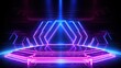 A neon-infused stage featuring a matrix of glowing hexagons, creating an intricate and mesmerizing pattern of light. Abstract futuristic neon light background. Generative AI
