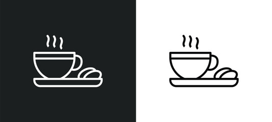 Poster - warm cup and plate line icon in white and black colors. warm cup and plate flat vector icon from war