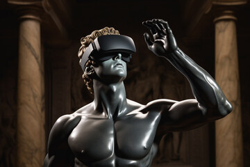 Wall Mural - Technology, history and fine-art concept. Roman man sculpture wearing virtual reality goggles. Bust of male with glasses. Generative AI