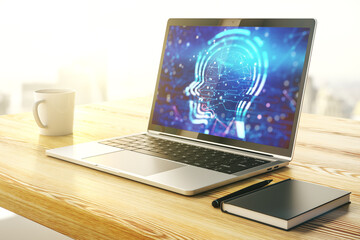 Poster - Creative artificial Intelligence concept with human head sketch on modern computer monitor. 3D Rendering
