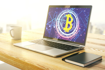 Poster - Creative Bitcoin concept on modern computer monitor. 3D Rendering