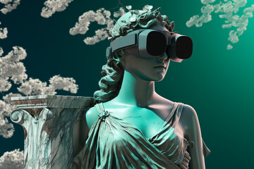 Wall Mural - Technology, history and fine-art concept. Roman woman sculpture wearing virtual reality goggles. Bust of female with glasses. Generative AI